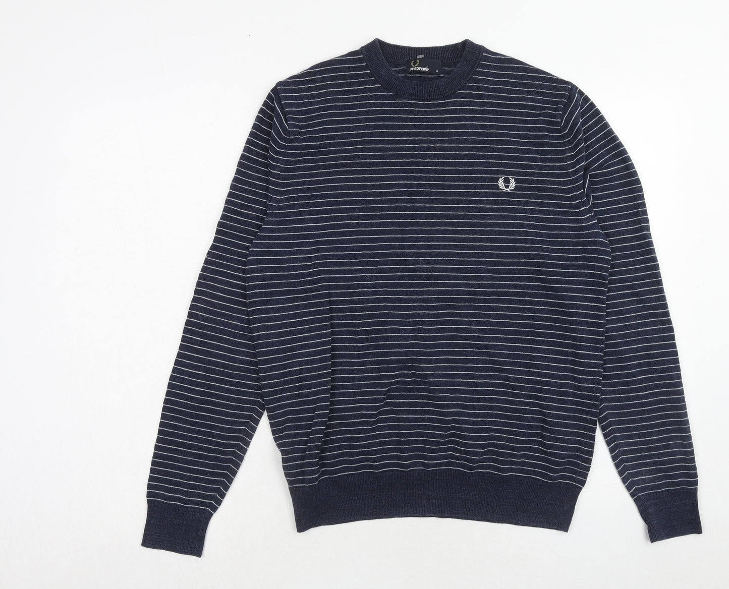 Fred Perry Mens Blue Round Neck Striped Cotton Pullover Jumper Size M Long Sleeve
