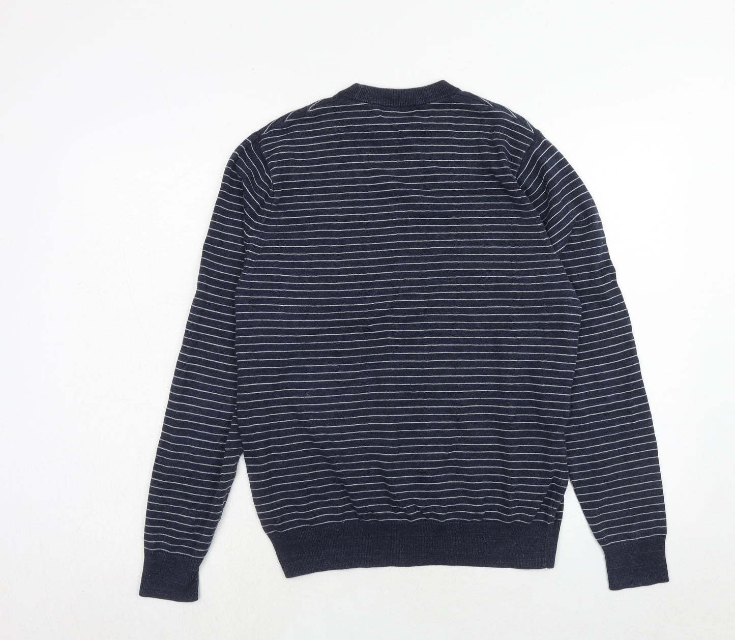 Fred Perry Mens Blue Round Neck Striped Cotton Pullover Jumper Size M Long Sleeve