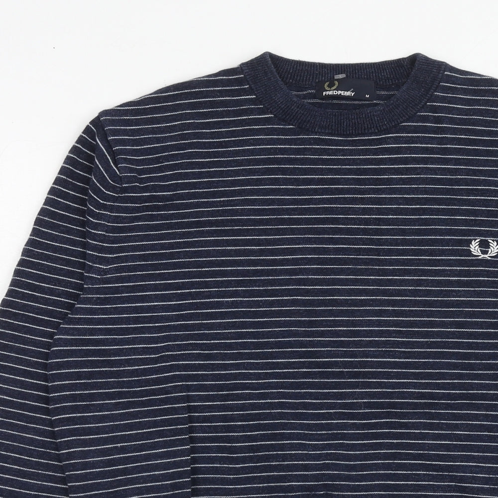 Fred Perry Mens Blue Round Neck Striped Cotton Pullover Jumper Size M Long Sleeve