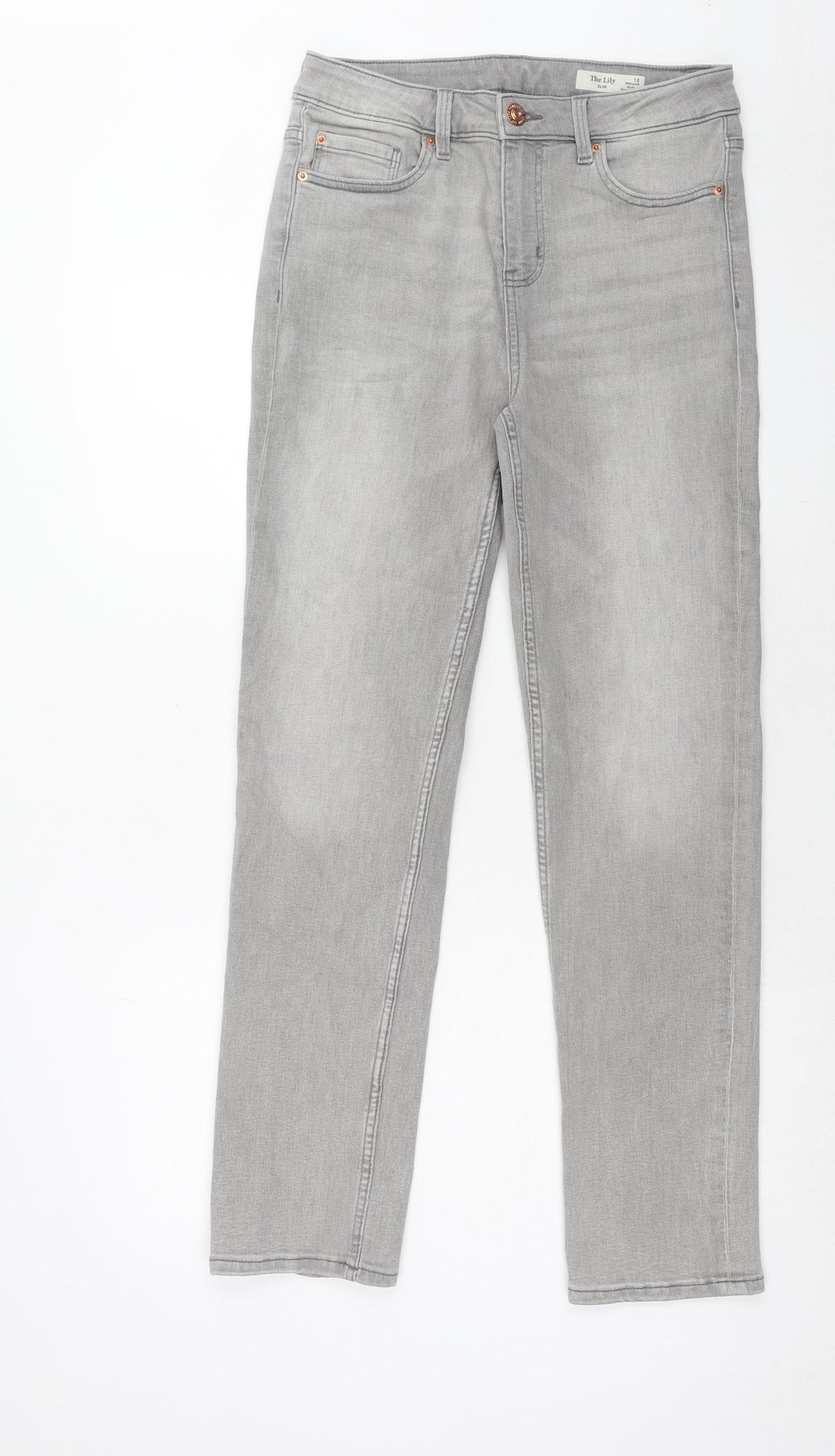 Marks and Spencer Womens Grey Cotton Straight Jeans Size 12 Slim Zip