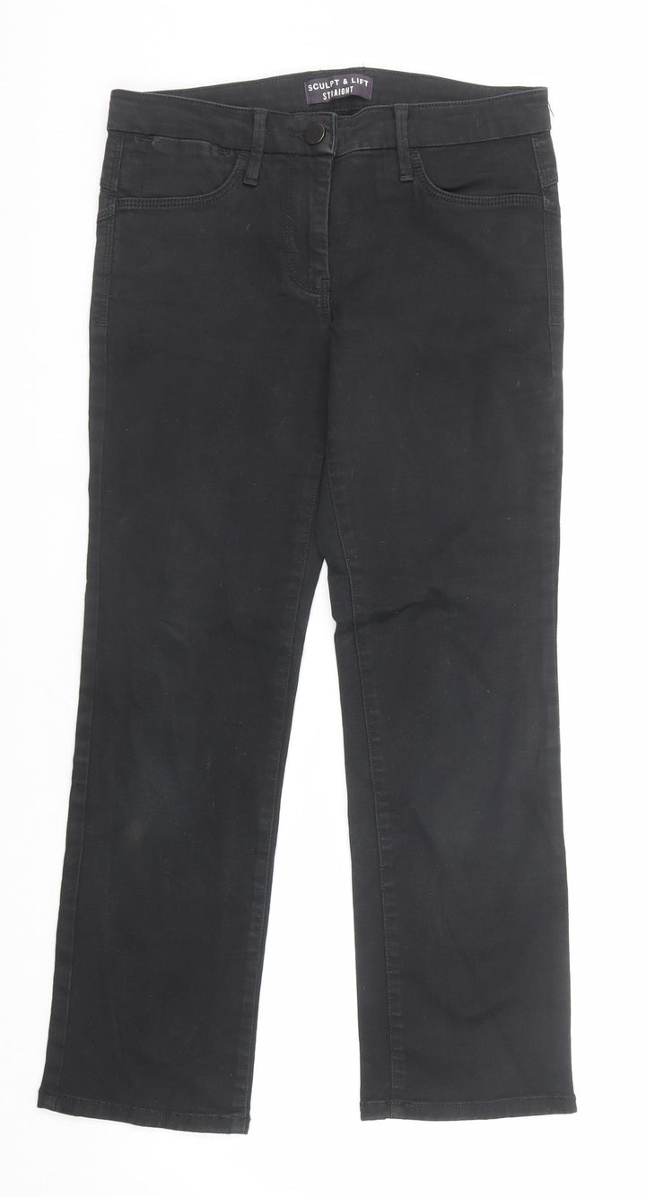 Marks and Spencer Womens Black Cotton Straight Jeans Size 8 Regular Zip