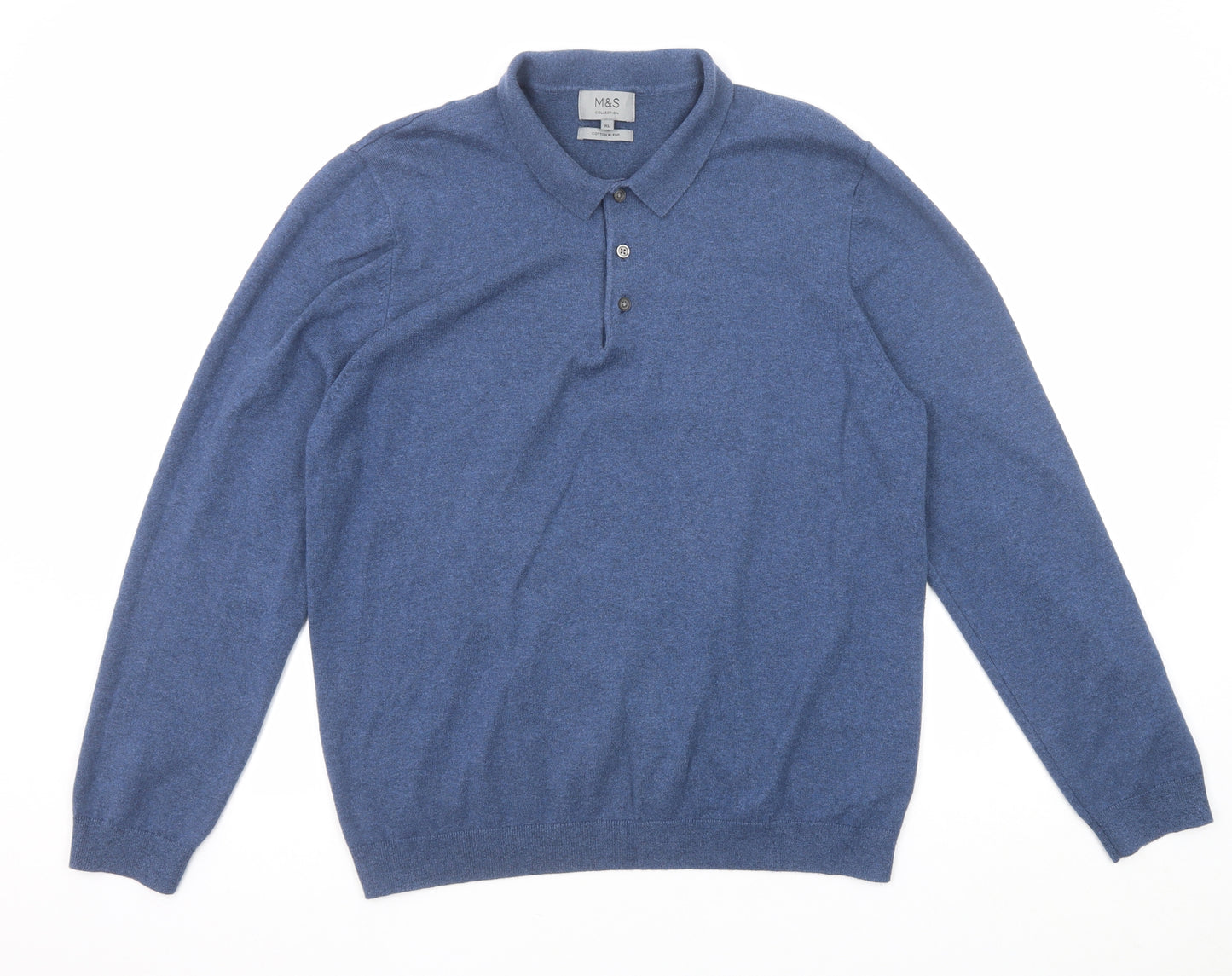 Marks and Spencer Mens Blue Cotton Polo Size XL Collared Button