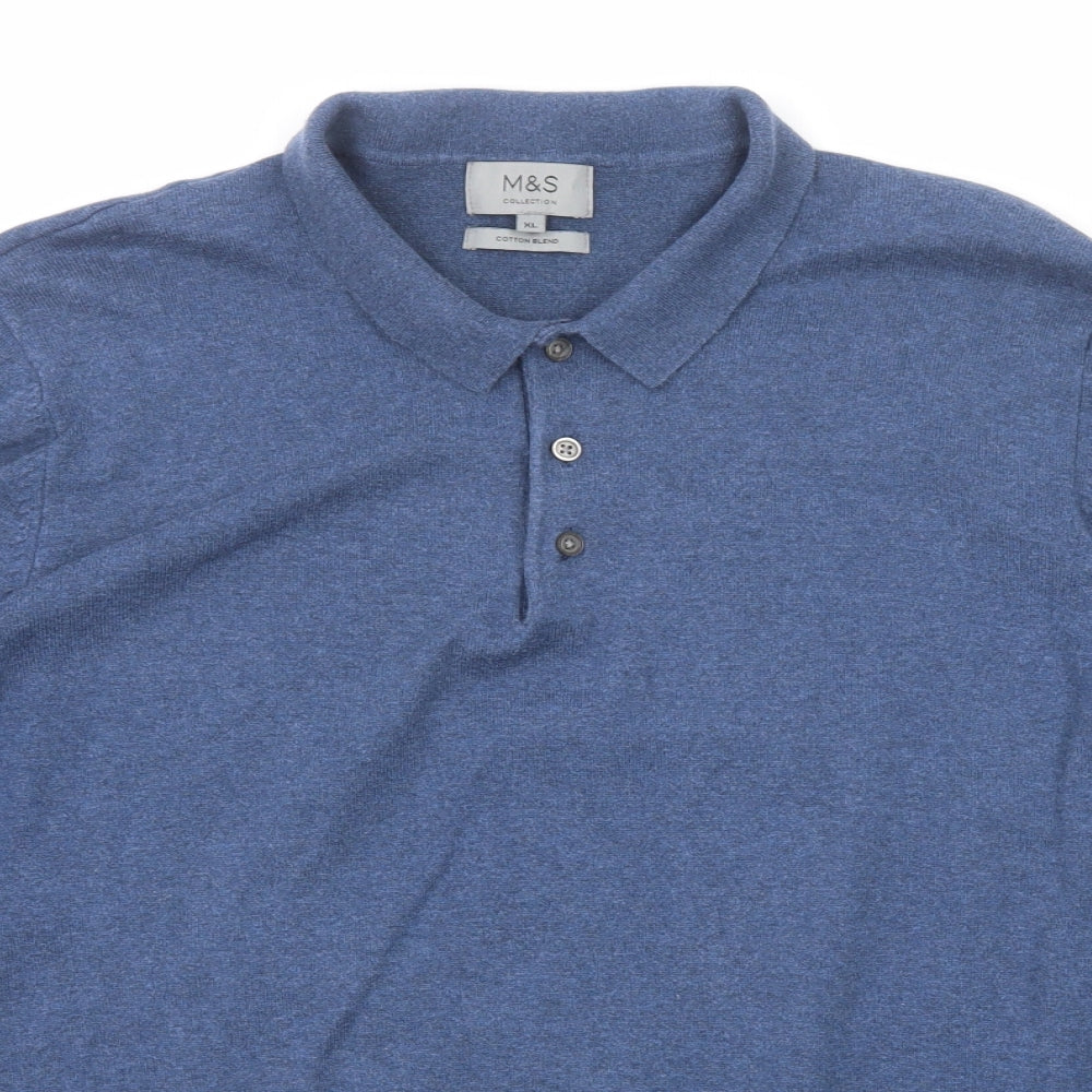 Marks and Spencer Mens Blue Cotton Polo Size XL Collared Button