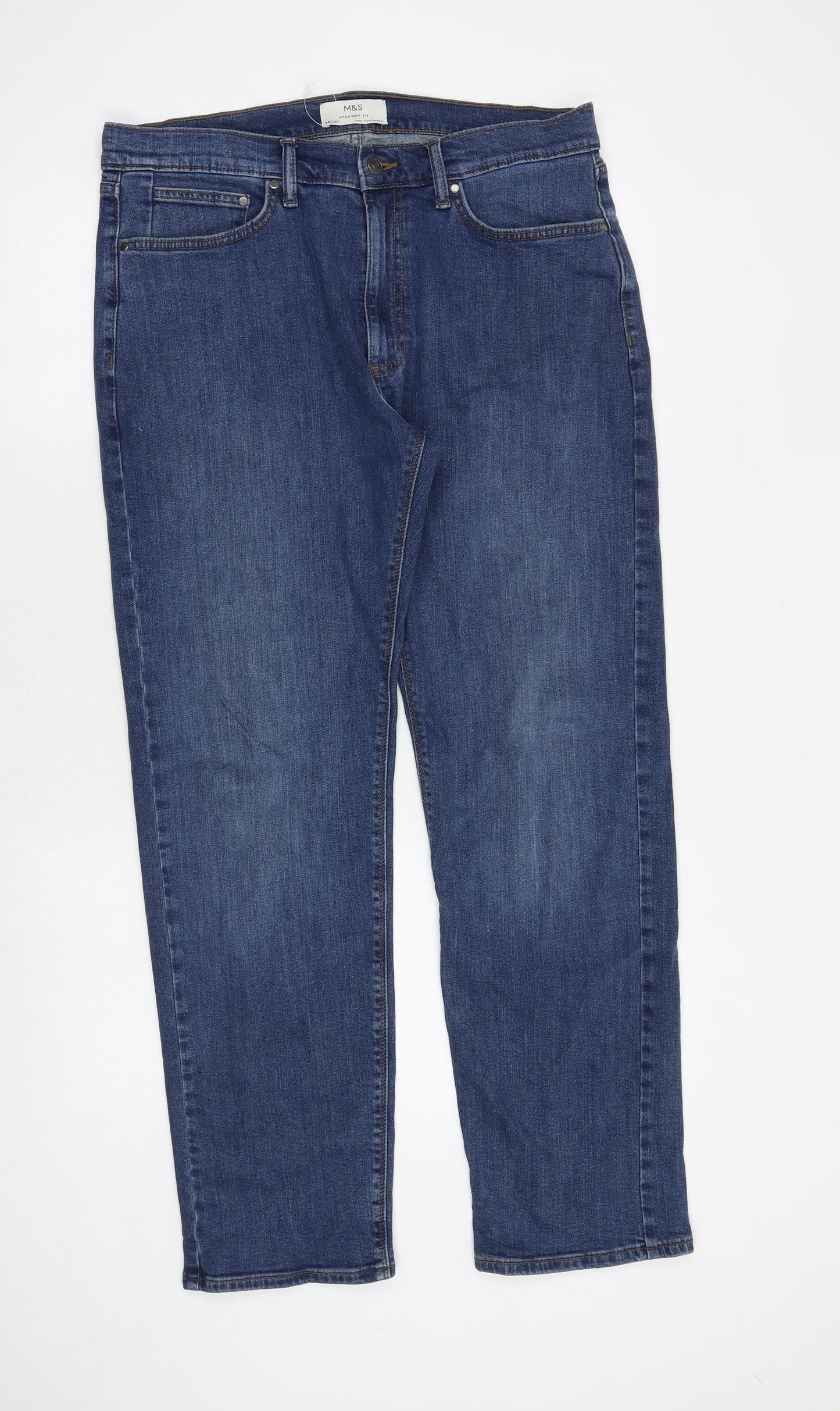 Marks and Spencer Mens Blue Cotton Straight Jeans Size 34 in Regular Zip