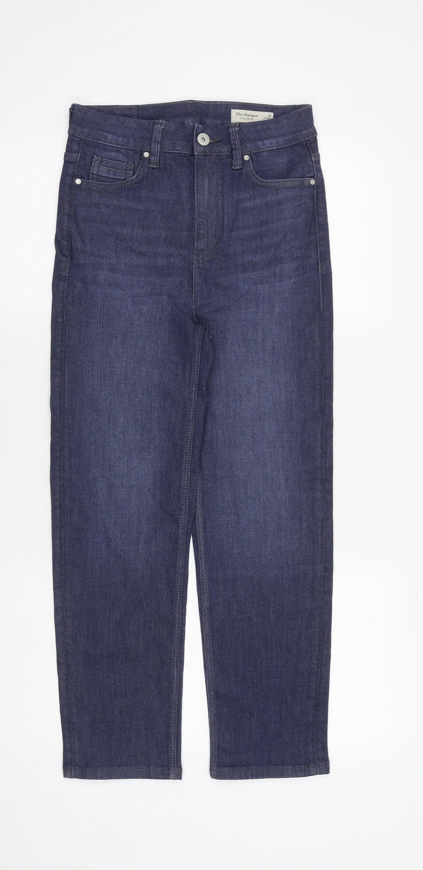 Marks and Spencer Womens Blue Cotton Straight Jeans Size 8 Regular Zip - Cigarette Style