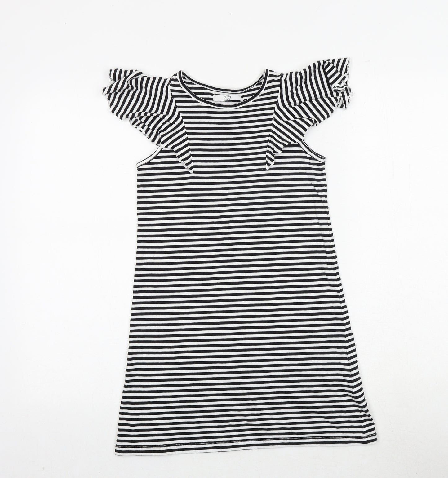 Marks and Spencer Girls Black Striped Viscose T-Shirt Dress Size 8-9 Years Boat Neck Pullover