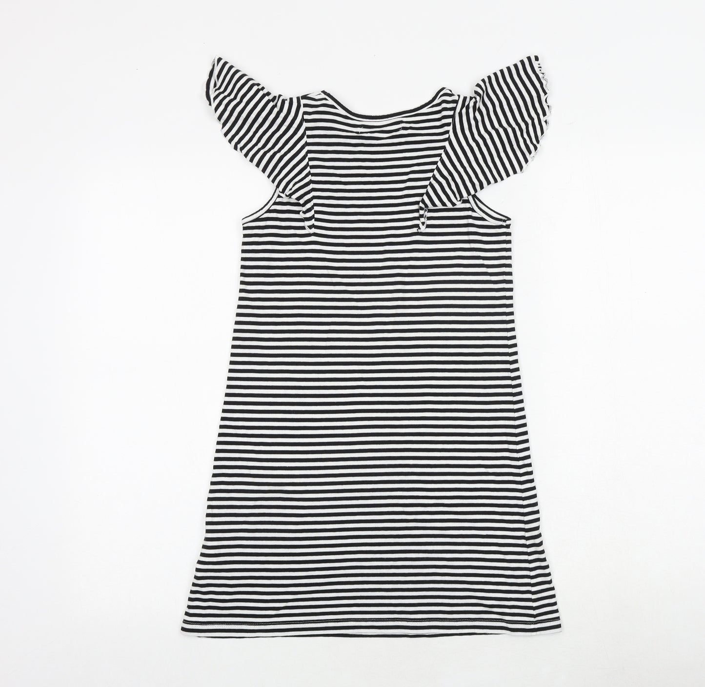 Marks and Spencer Girls Black Striped Viscose T-Shirt Dress Size 8-9 Years Boat Neck Pullover