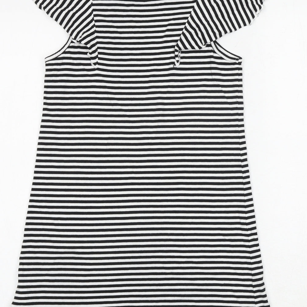 Marks and Spencer Girls Black Striped Viscose T-Shirt Dress Size 8-9 Years Boat Neck Pullover