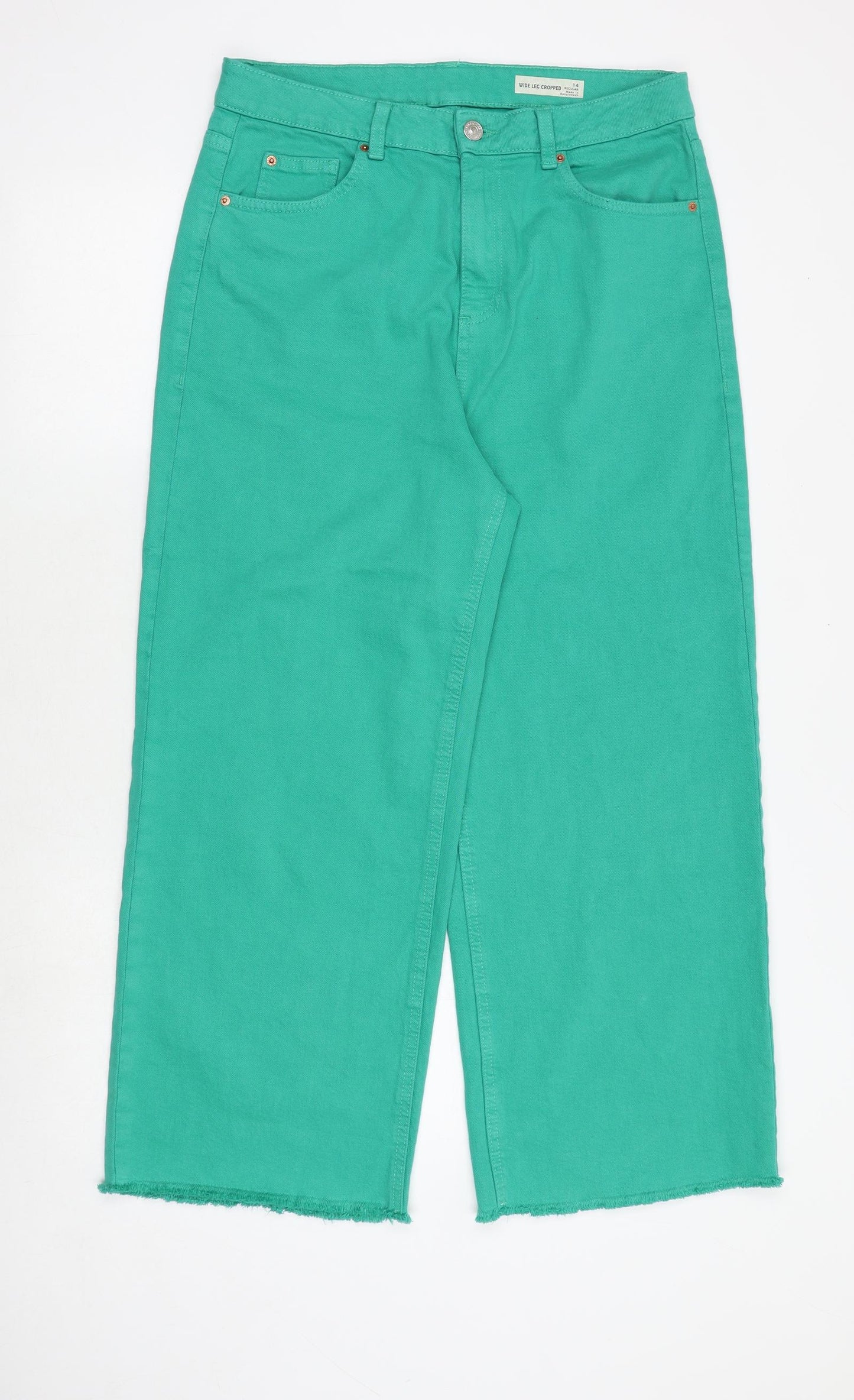 Marks and Spencer Womens Green Cotton Blend Wide-Leg Jeans Size 14 Regular Zip - Cropped