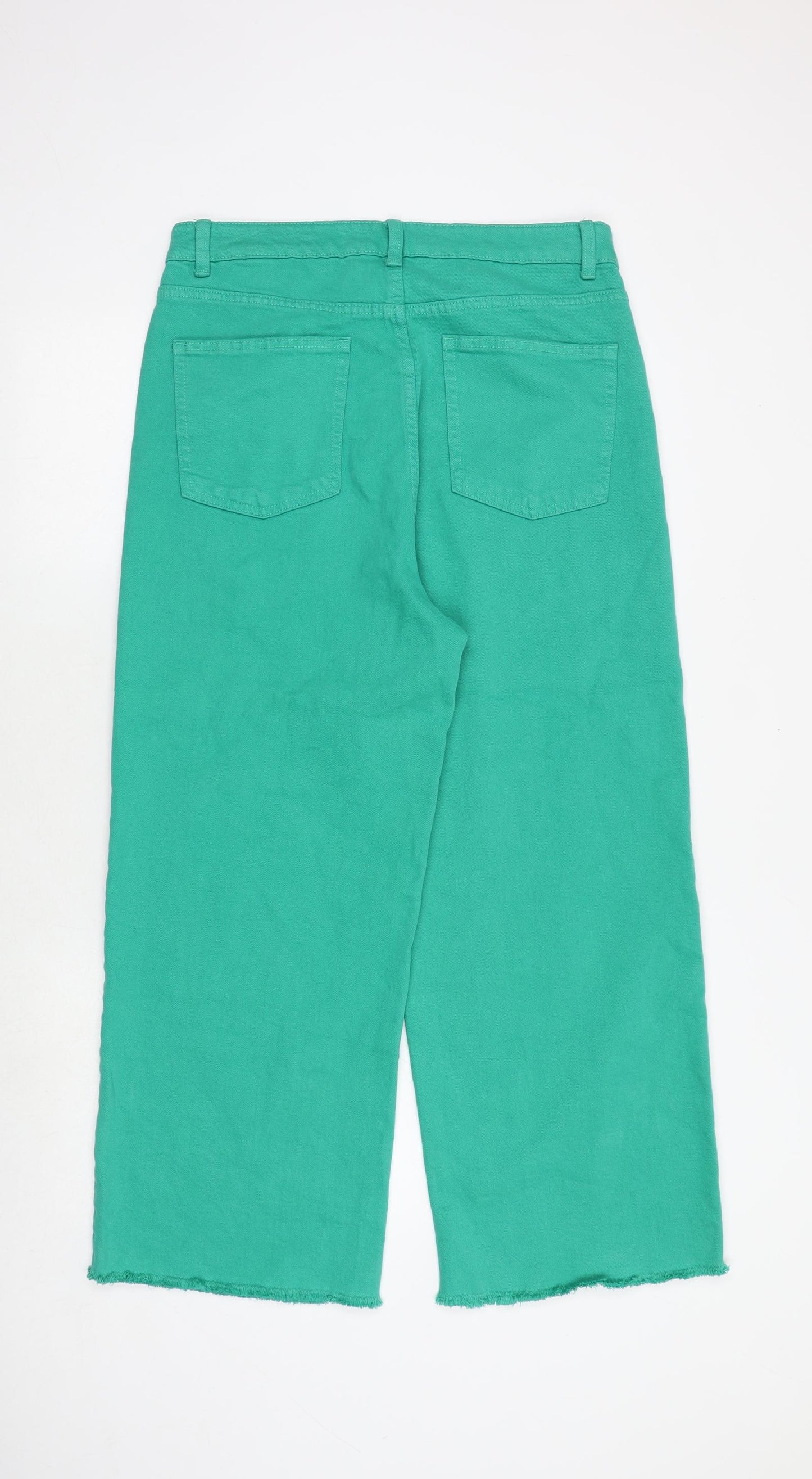 Marks and Spencer Womens Green Cotton Blend Wide-Leg Jeans Size 14 Regular Zip - Cropped