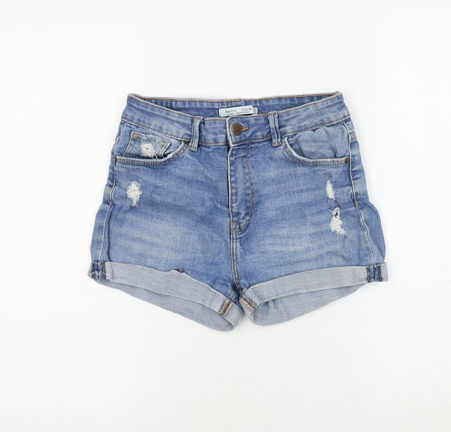 Bershka Womens Blue Cotton Hot Pants Shorts Size 10 Regular Zip - Distressed