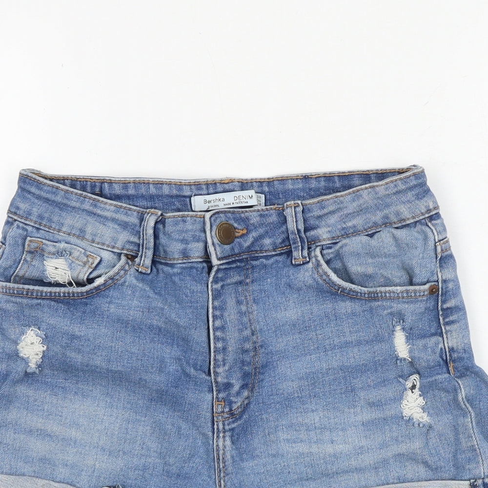 Bershka Womens Blue Cotton Hot Pants Shorts Size 10 Regular Zip - Distressed