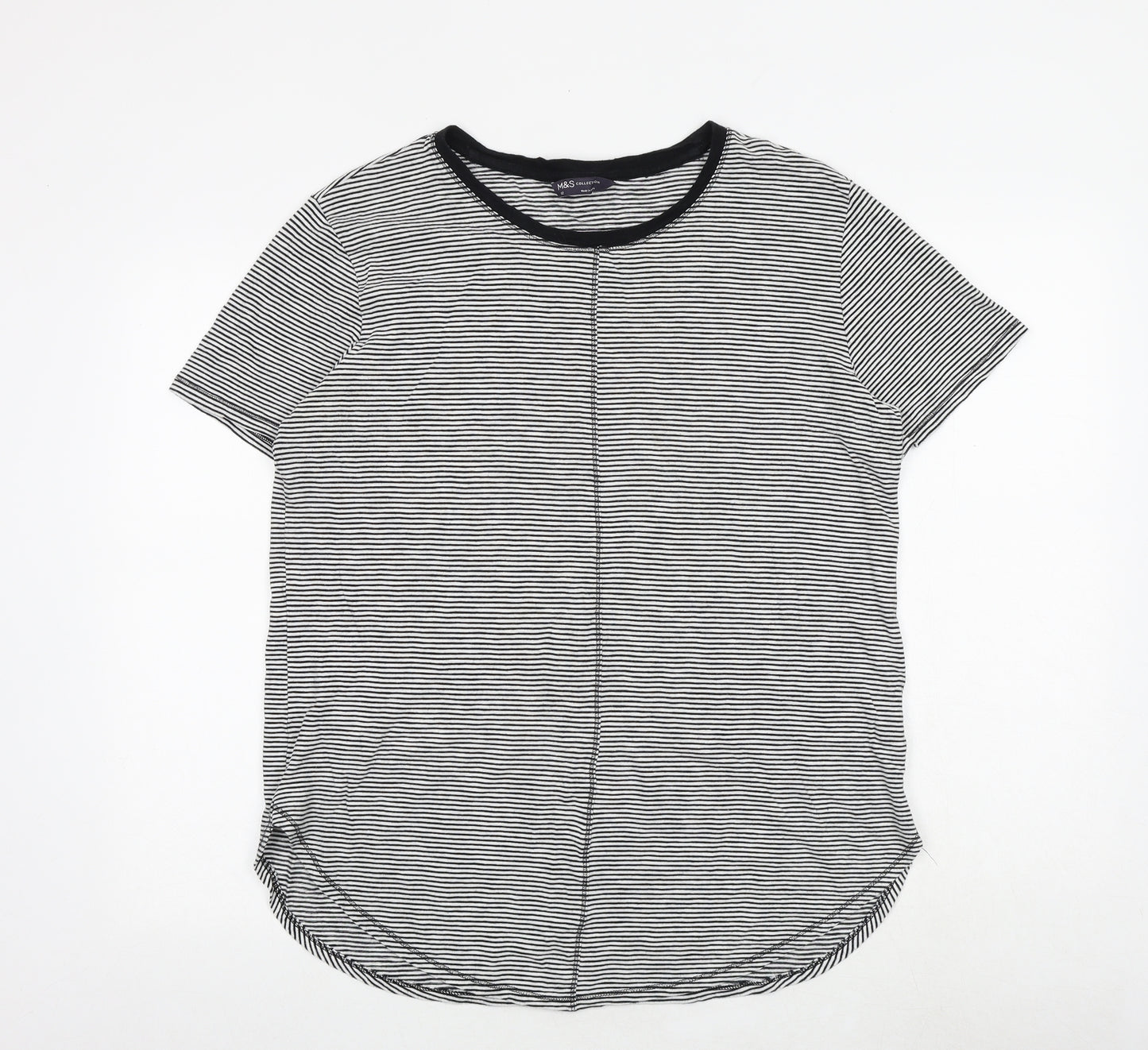 Marks and Spencer Womens Black Striped Polyester Basic T-Shirt Size 12 Round Neck