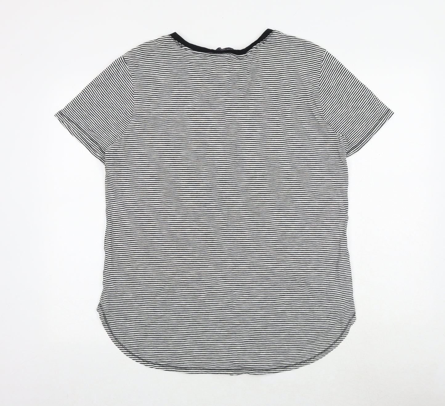 Marks and Spencer Womens Black Striped Polyester Basic T-Shirt Size 12 Round Neck