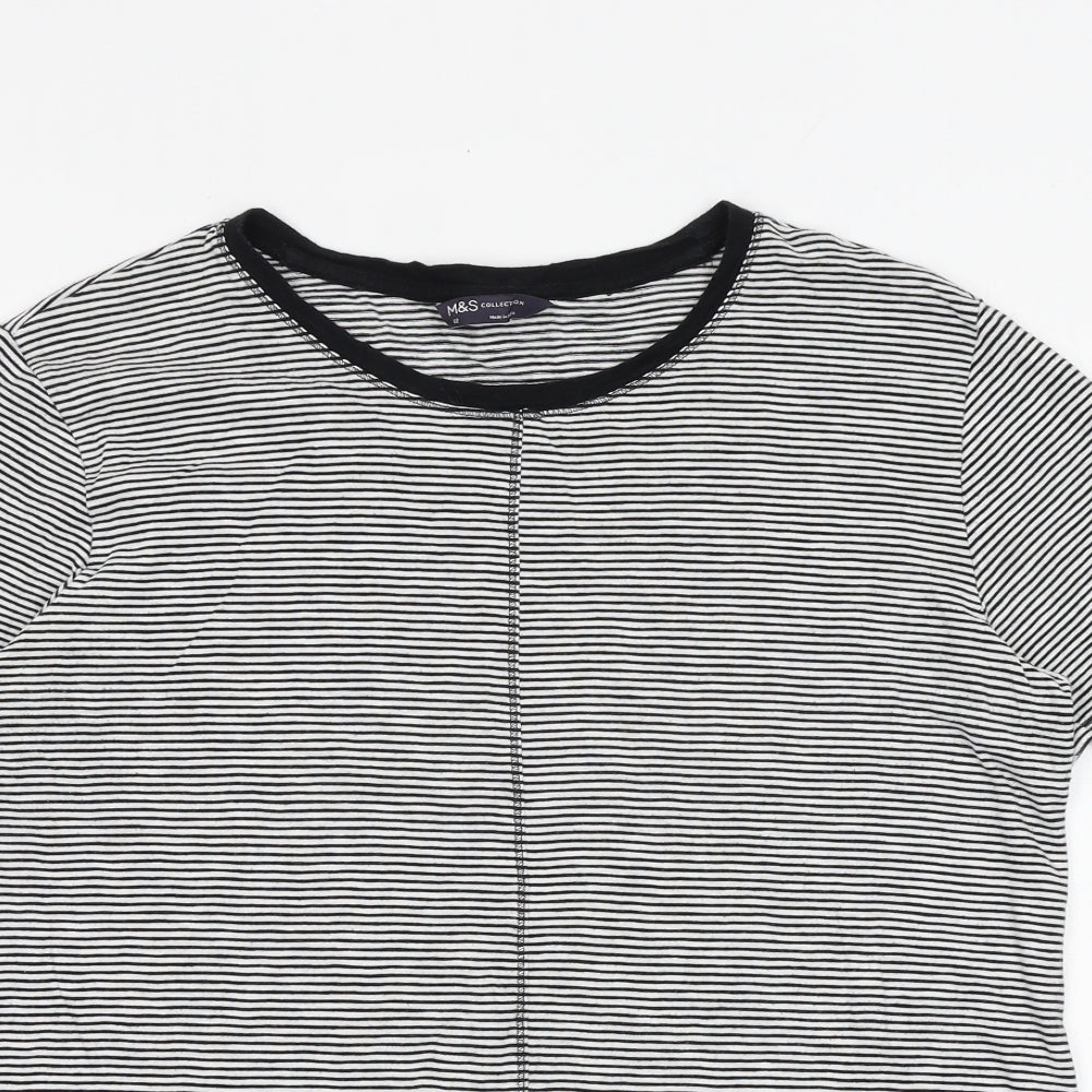 Marks and Spencer Womens Black Striped Polyester Basic T-Shirt Size 12 Round Neck