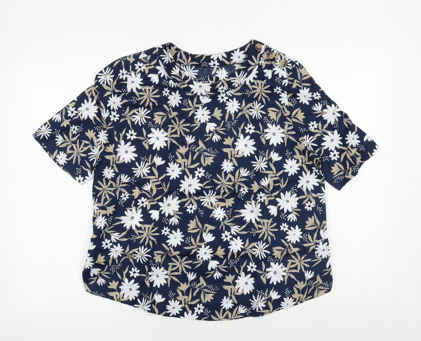 Marks and Spencer Womens Blue Floral Linen Basic Blouse Size 10 Round Neck