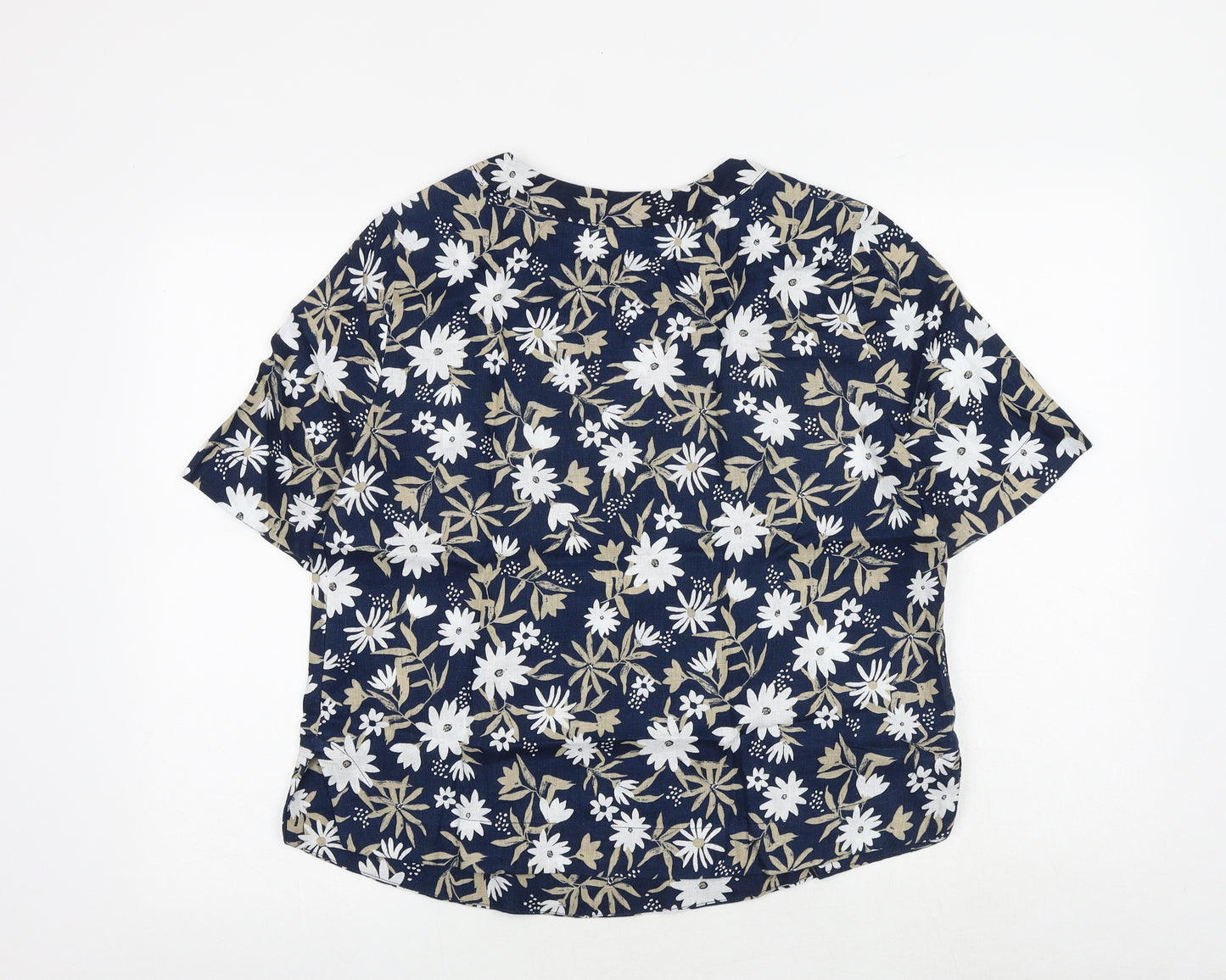 Marks and Spencer Womens Blue Floral Linen Basic Blouse Size 10 Round Neck