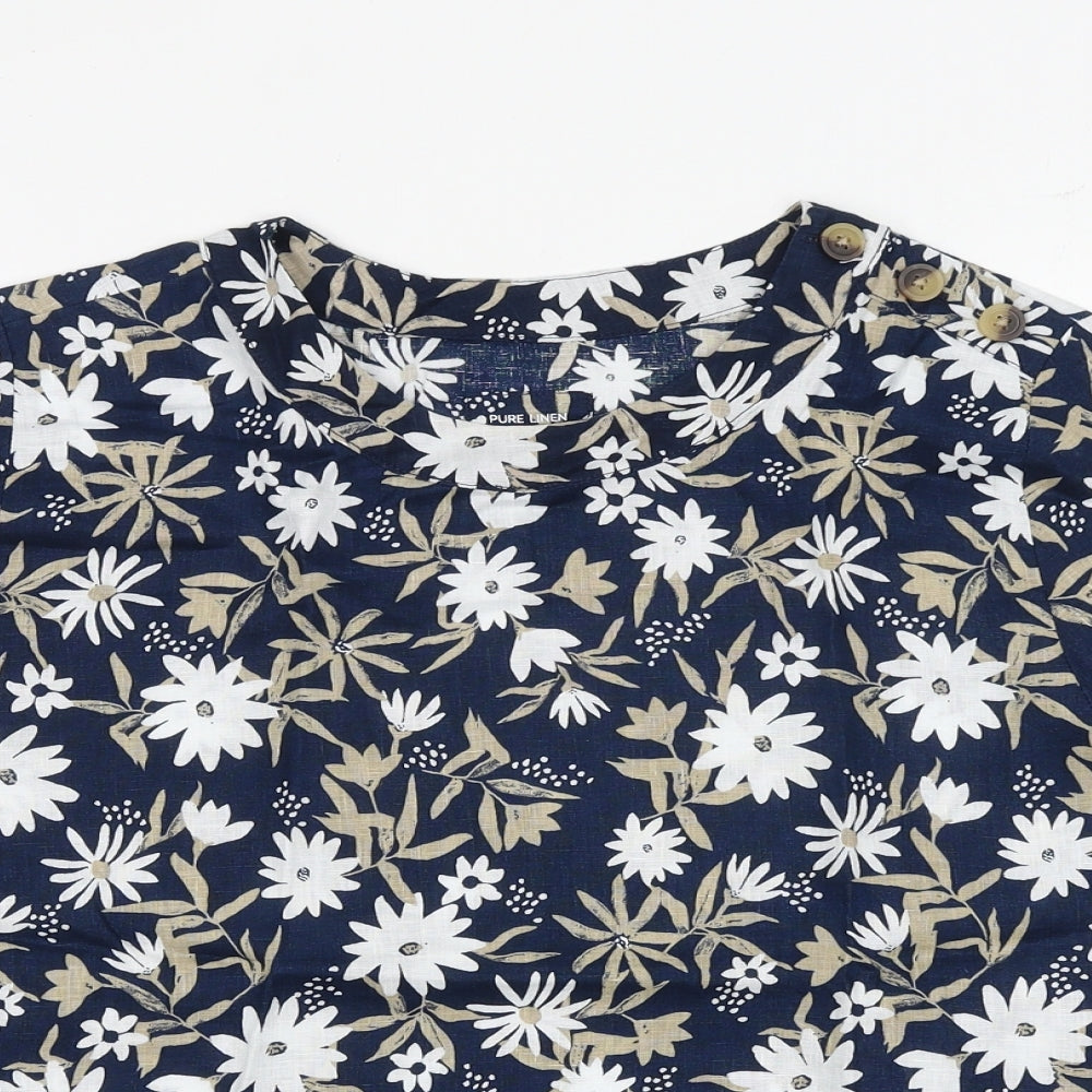 Marks and Spencer Womens Blue Floral Linen Basic Blouse Size 10 Round Neck