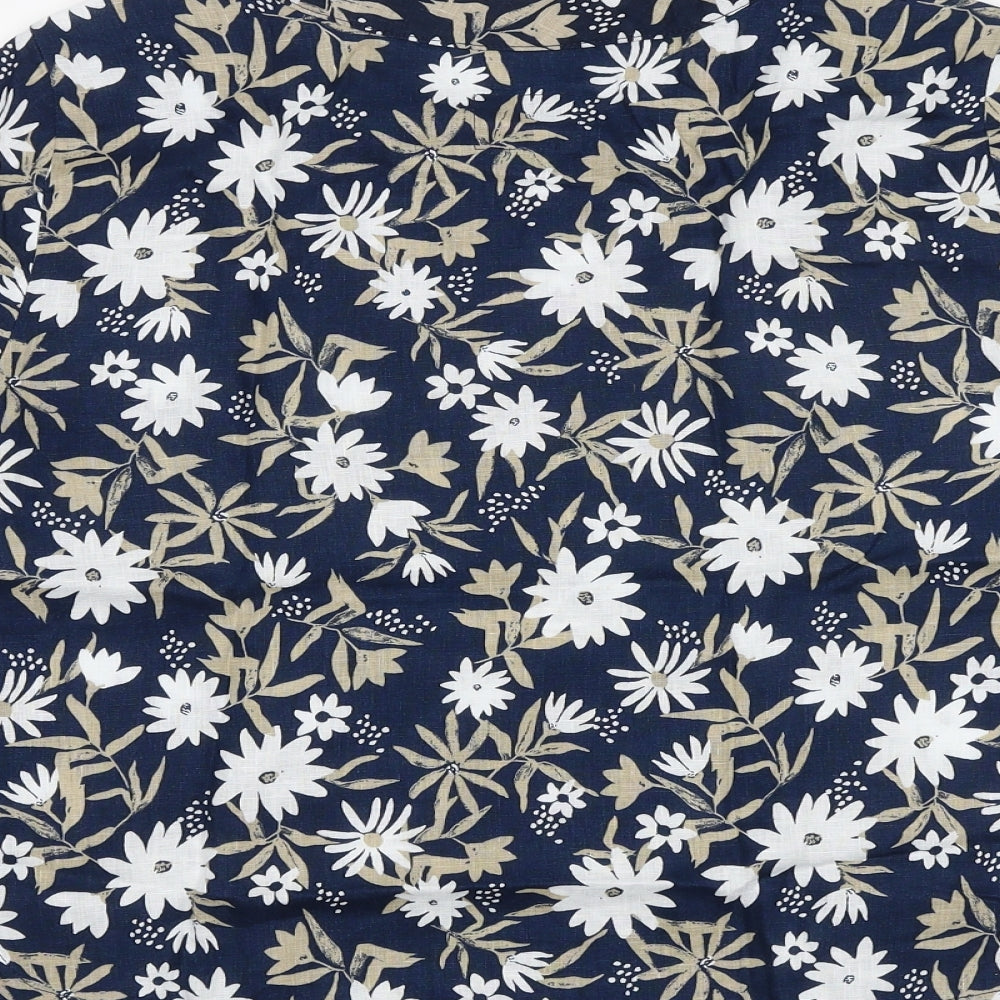 Marks and Spencer Womens Blue Floral Linen Basic Blouse Size 10 Round Neck