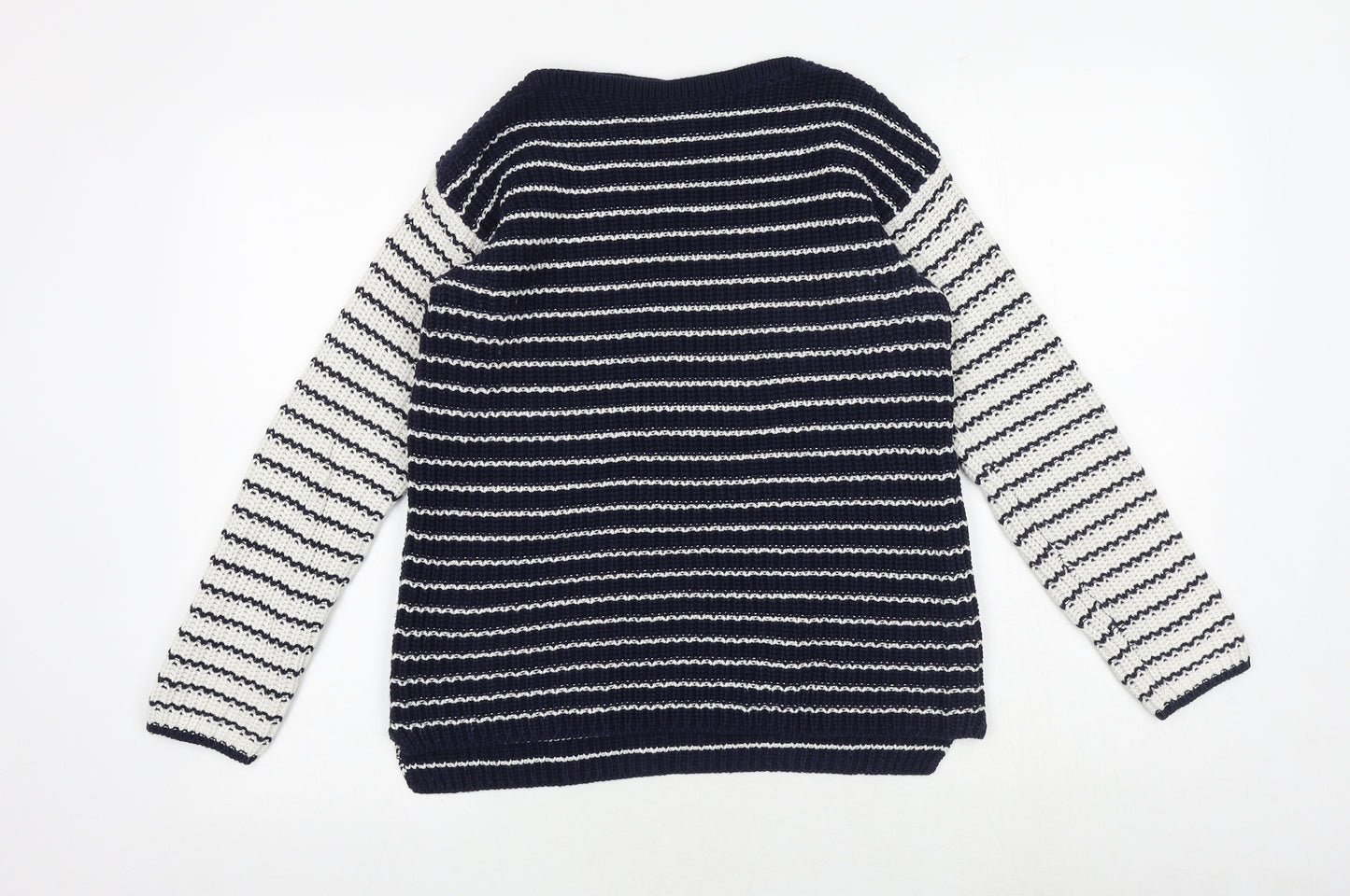 Marks and Spencer Womens Blue Boat Neck Striped 100% Cotton Pullover Jumper Size S