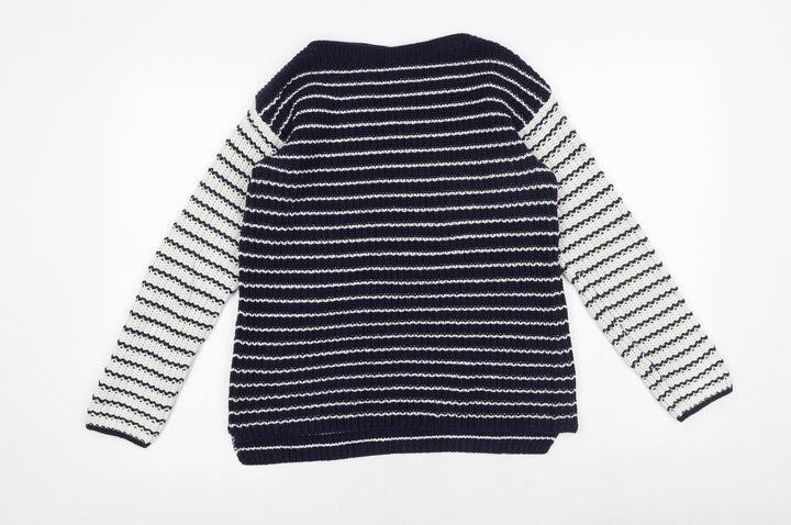 Marks and Spencer Womens Blue Boat Neck Striped 100% Cotton Pullover Jumper Size S