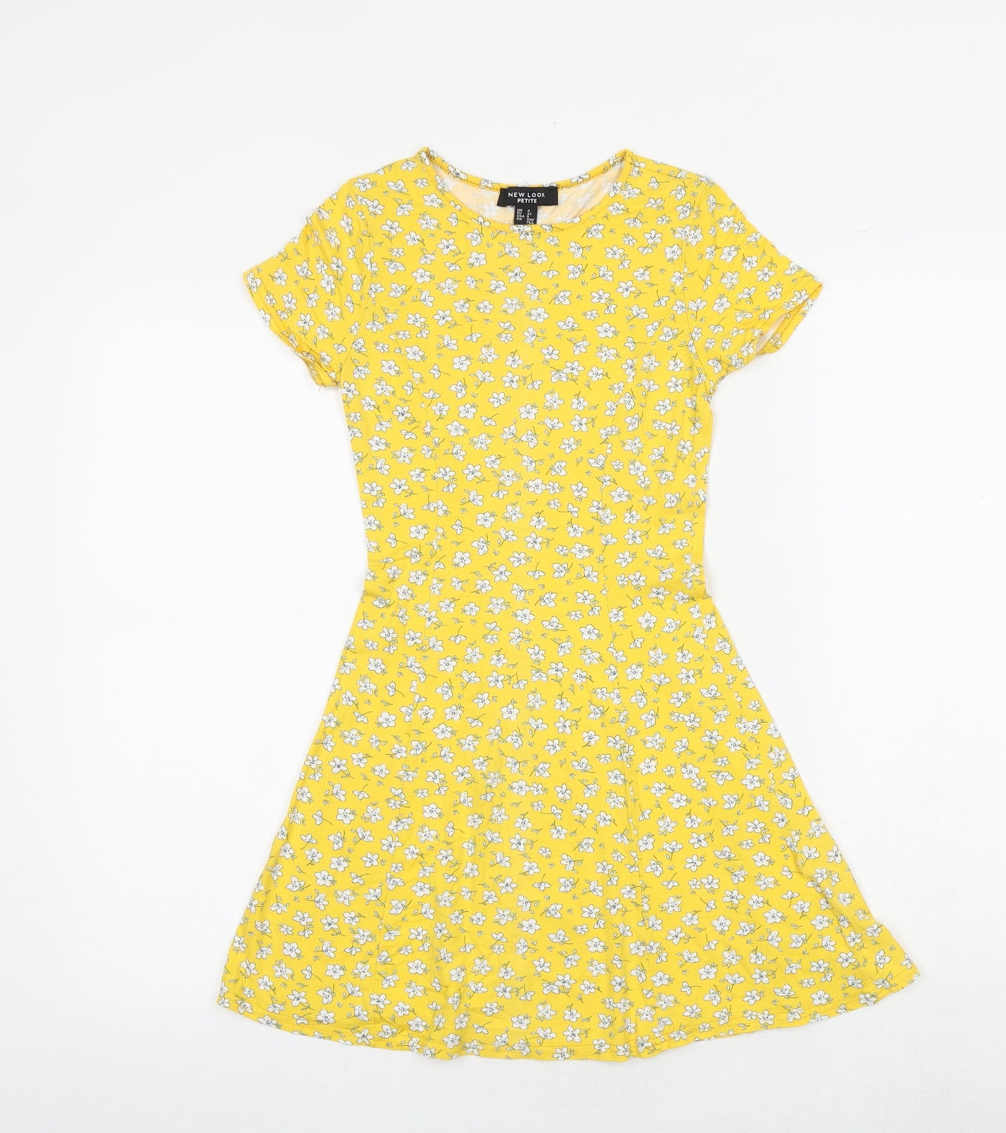 New Look Womens Yellow Floral Viscose Skater Dress Size 4 Round Neck Pullover