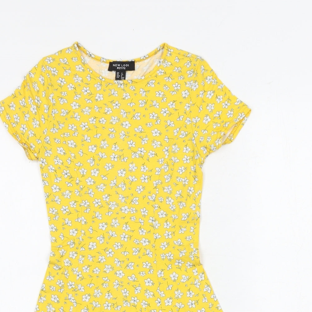 New Look Womens Yellow Floral Viscose Skater Dress Size 4 Round Neck Pullover