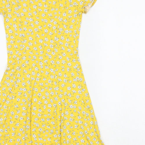 New Look Womens Yellow Floral Viscose Skater Dress Size 4 Round Neck Pullover