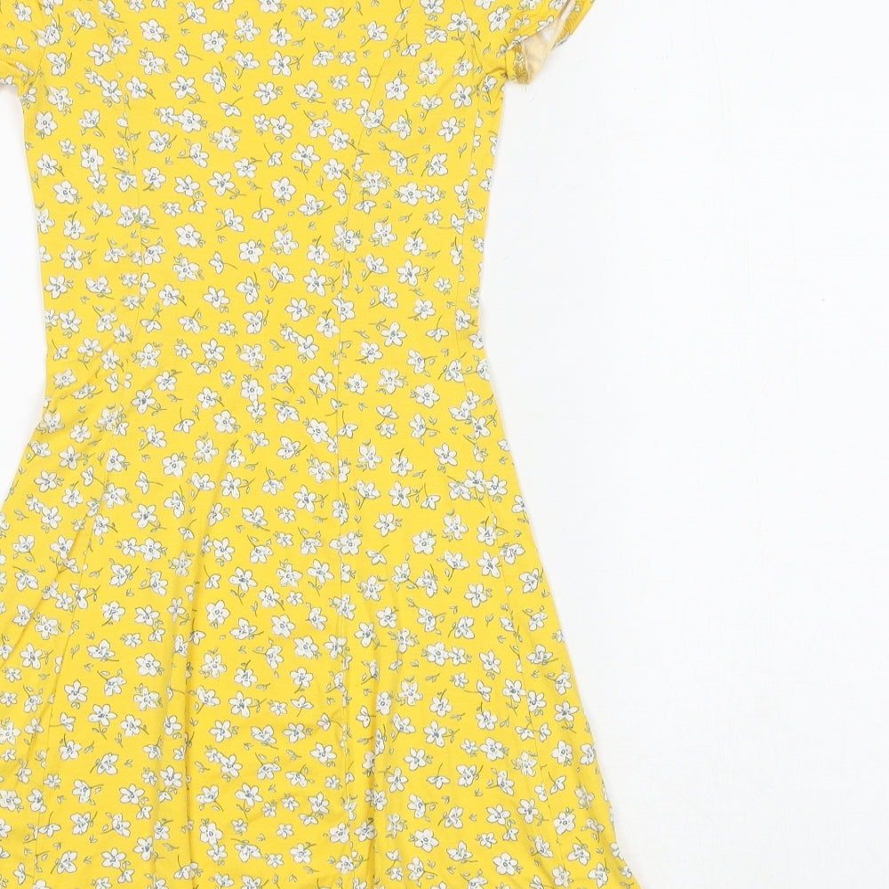 New Look Womens Yellow Floral Viscose Skater Dress Size 4 Round Neck Pullover