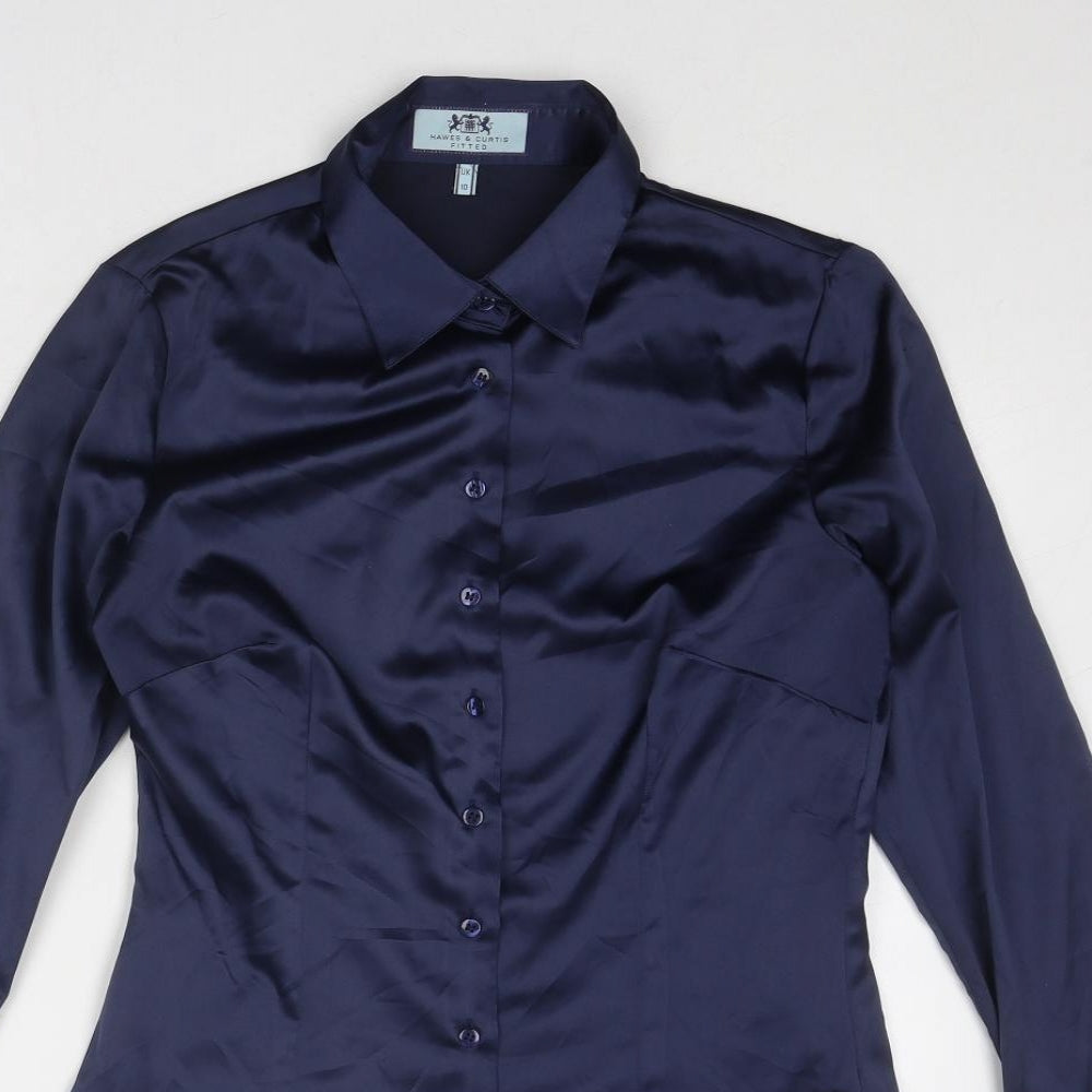 Hawes & Curtis Womens Blue Polyester Basic Button-Up Size 10 Collared