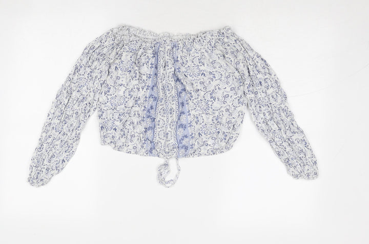 Hollister Womens Blue Floral Viscose Cropped Blouse Size XS Off the Shoulder