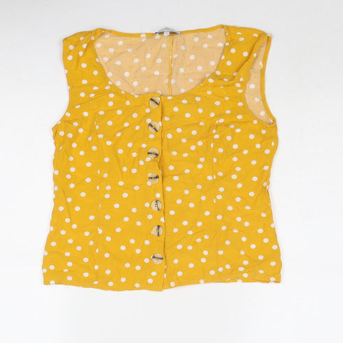 Warehouse Womens Yellow Polka Dot Viscose Basic Button-Up Size 10 Boat Neck