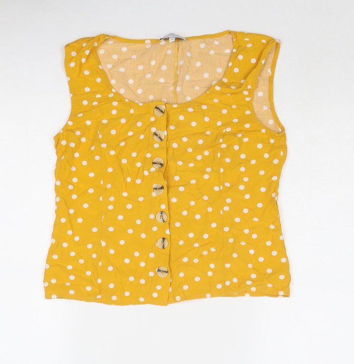Warehouse Womens Yellow Polka Dot Viscose Basic Button-Up Size 10 Boat Neck