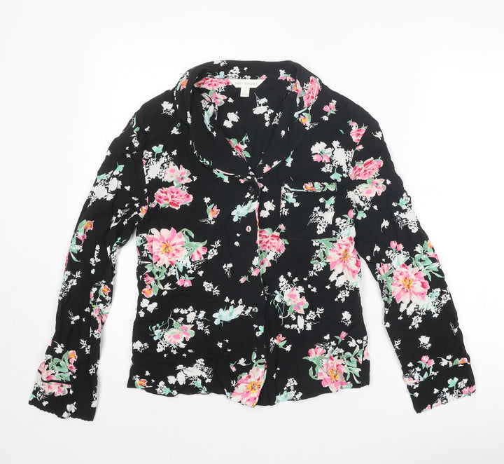 Marks and Spencer Womens Black Floral Viscose Basic Button-Up Size 6 Collared