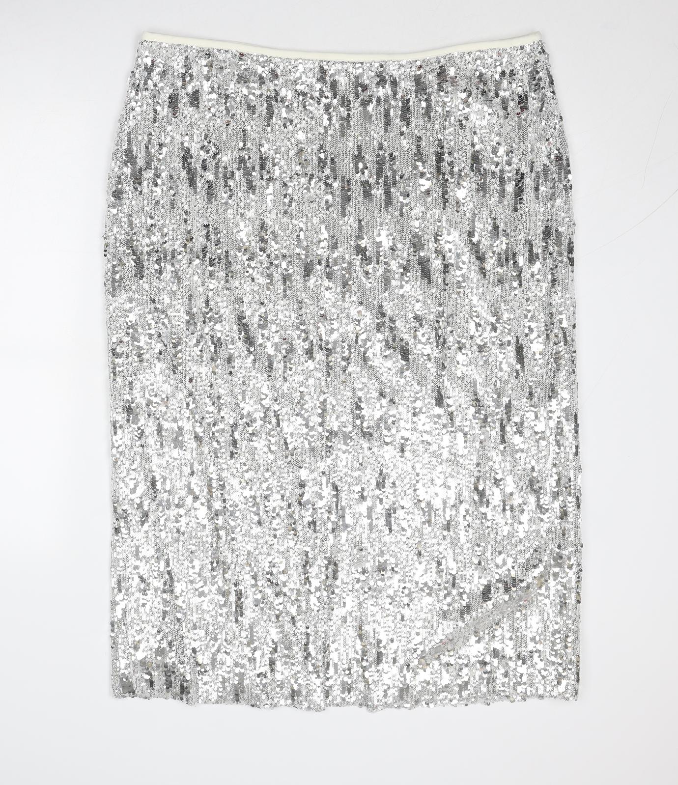 Marks and Spencer Womens Silver Polyester A-Line Skirt Size 22 Zip