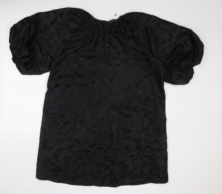 Marks and Spencer Womens Black Geometric Polyester A-Line Size 14 Round Neck Button