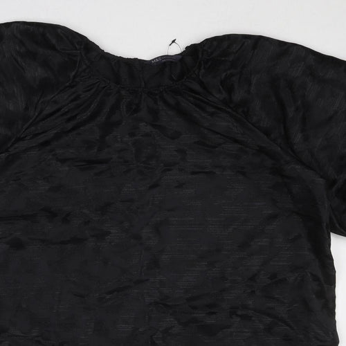 Marks and Spencer Womens Black Geometric Polyester A-Line Size 14 Round Neck Button