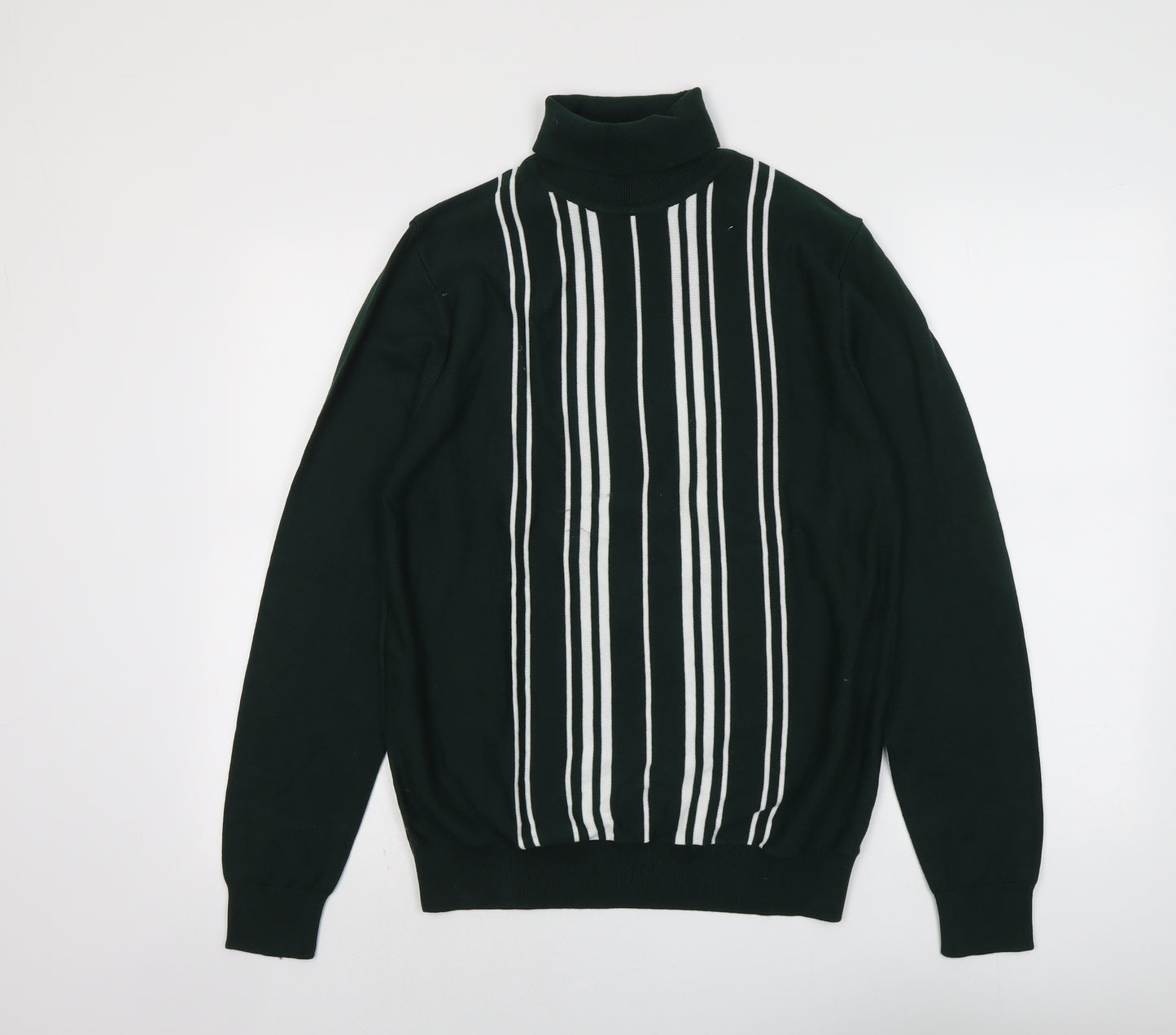 NEXT Mens Green Roll Neck Striped Cotton Pullover Jumper Size M Long Sleeve