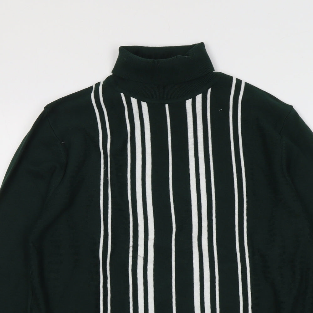 NEXT Mens Green Roll Neck Striped Cotton Pullover Jumper Size M Long Sleeve