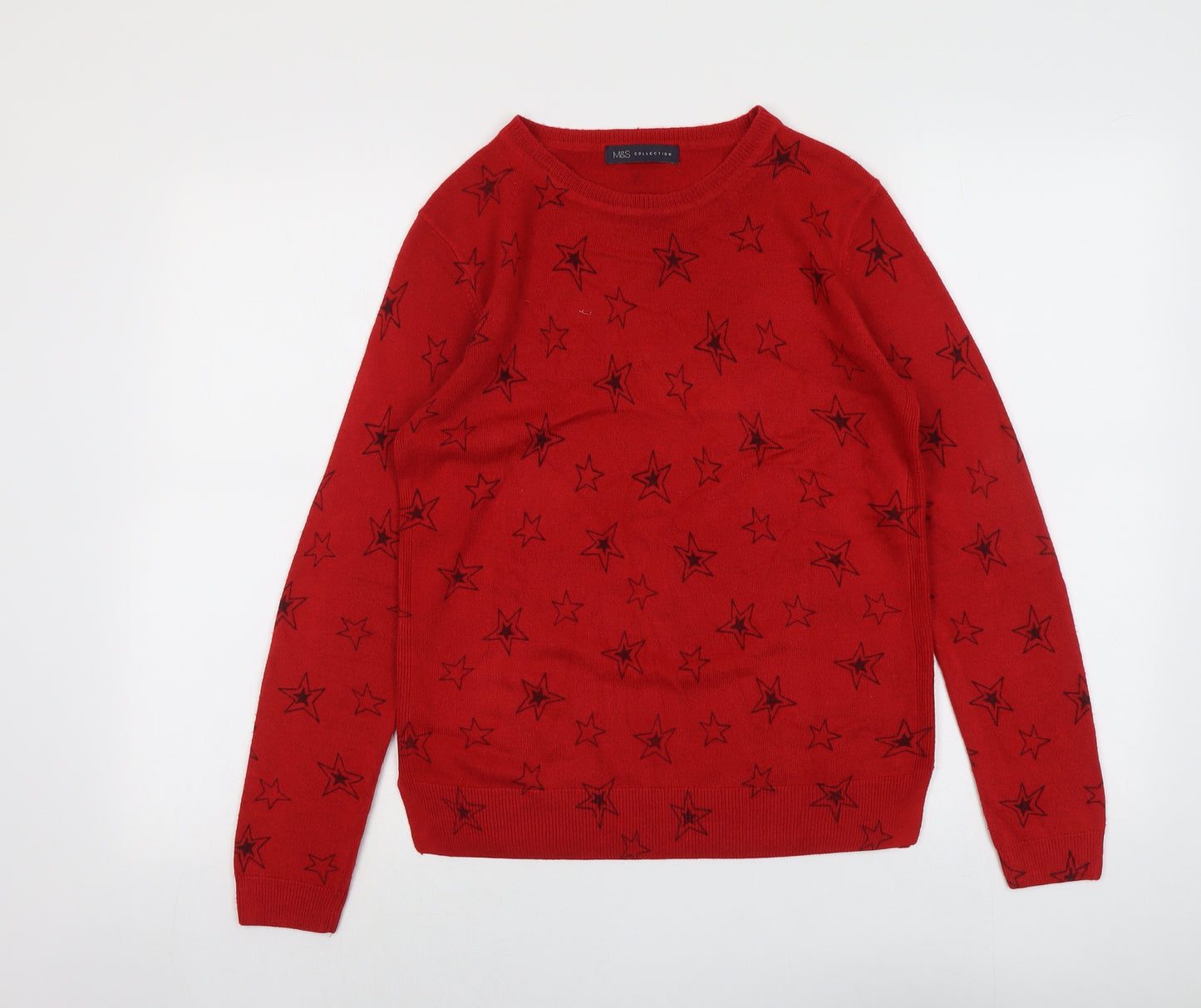Marks and Spencer Womens Red Round Neck Geometric Acrylic Pullover Jumper Size 10 - Star Pattern