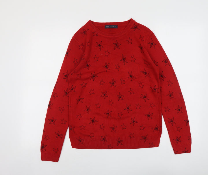 Marks and Spencer Womens Red Round Neck Geometric Acrylic Pullover Jumper Size 10 - Star Pattern