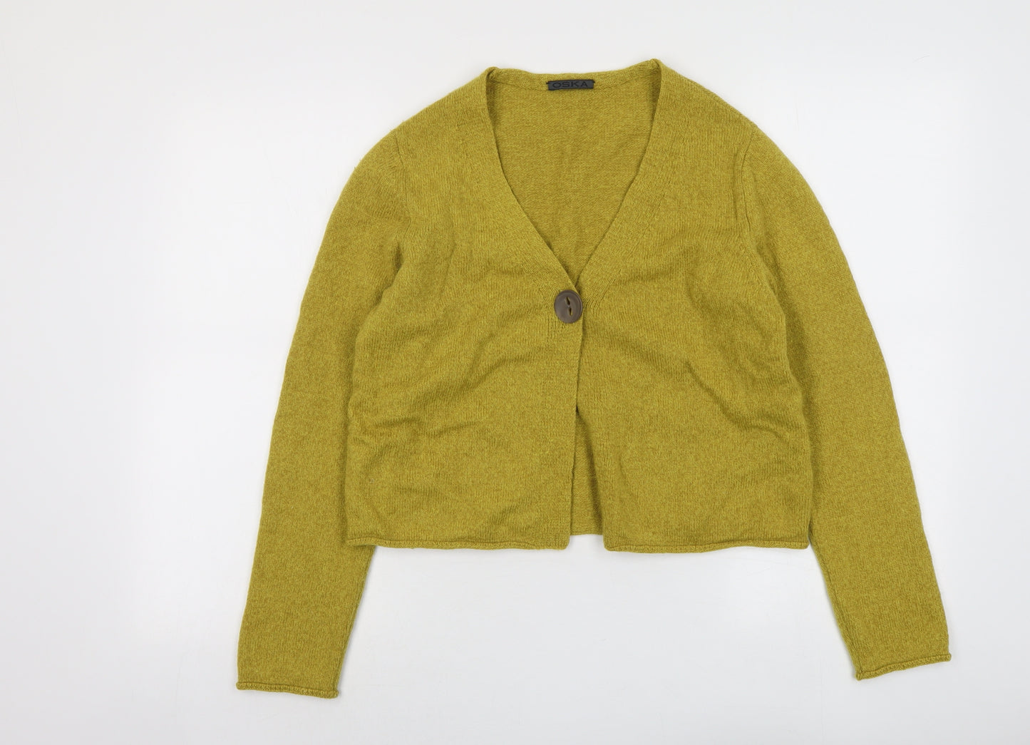 OSKA Womens Yellow V-Neck Wool Cardigan Jumper Size 8