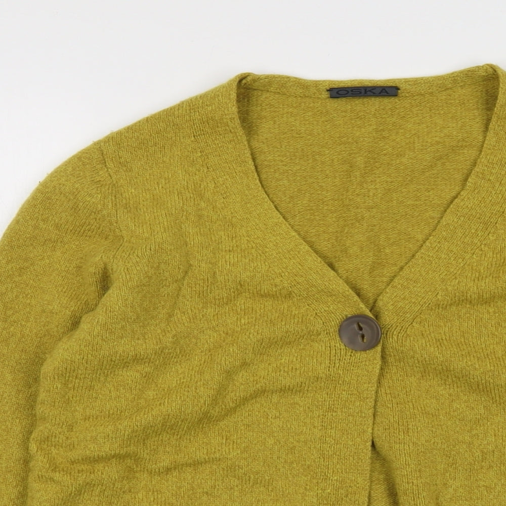 OSKA Womens Yellow V-Neck Wool Cardigan Jumper Size 8