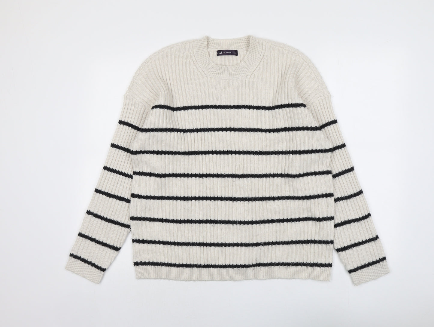 Marks and Spencer Womens Beige Round Neck Striped Polyester Pullover Jumper Size L