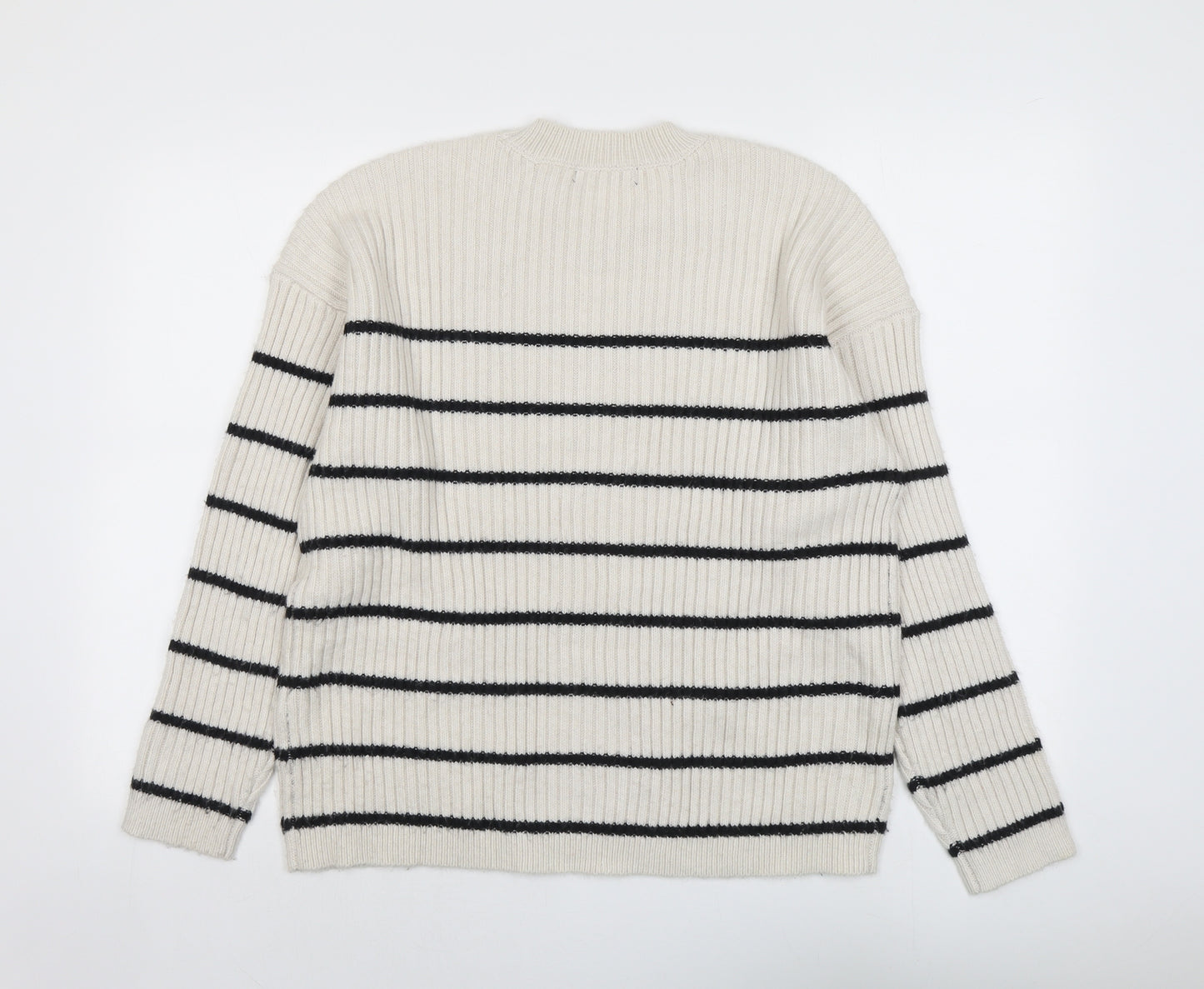 Marks and Spencer Womens Beige Round Neck Striped Polyester Pullover Jumper Size L
