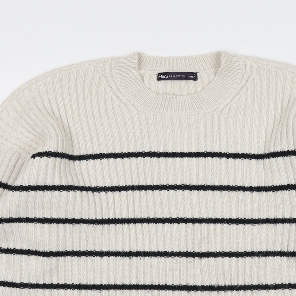 Marks and Spencer Womens Beige Round Neck Striped Polyester Pullover Jumper Size L