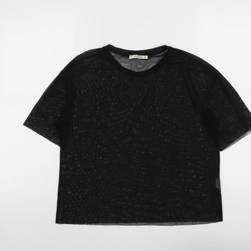 Pull&Bear Womens Black Polyester Basic T-Shirt Size S Round Neck
