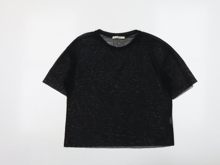 Pull&Bear Womens Black Polyester Basic T-Shirt Size S Round Neck
