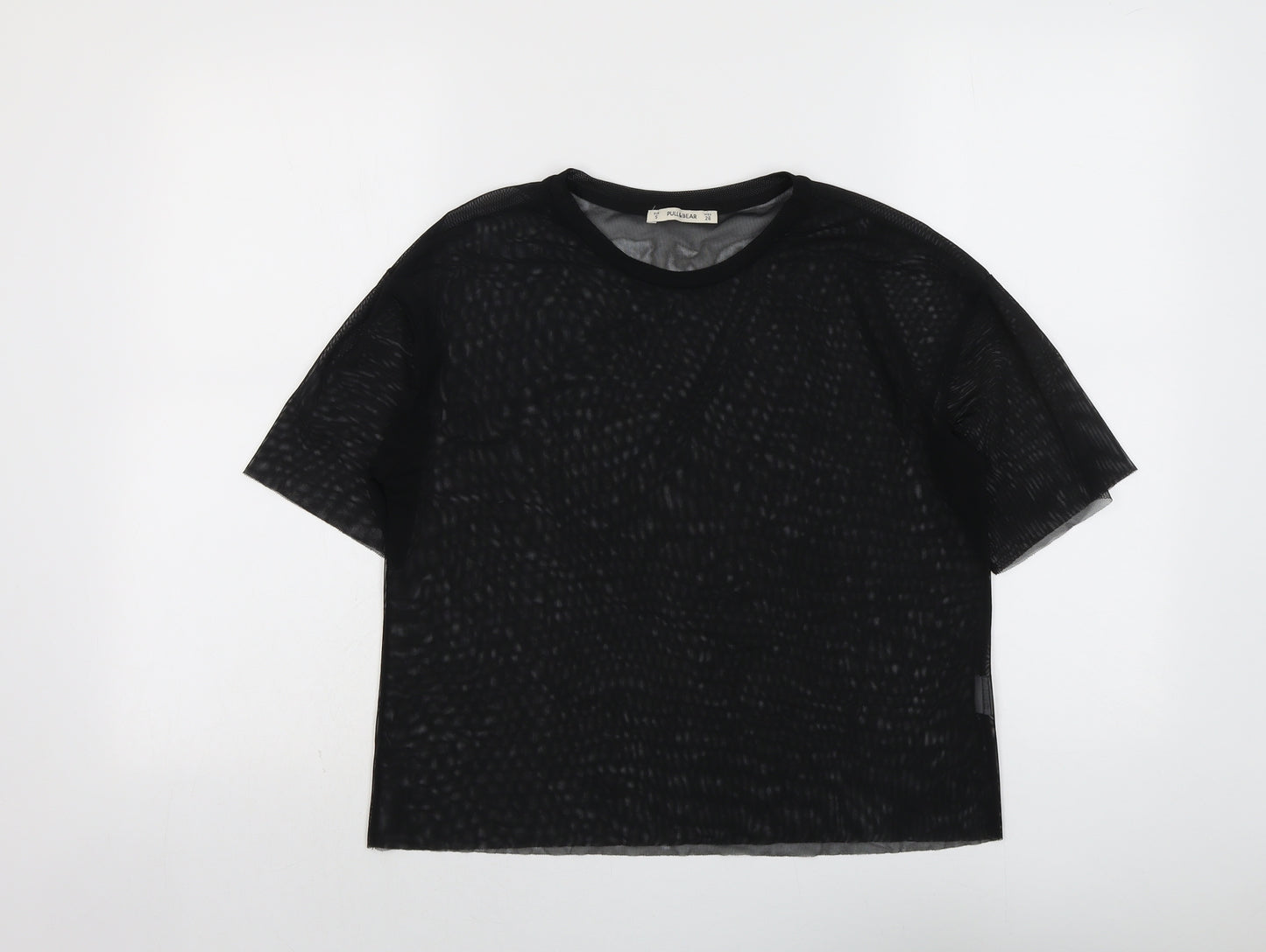 Pull&Bear Womens Black Polyester Basic T-Shirt Size S Round Neck