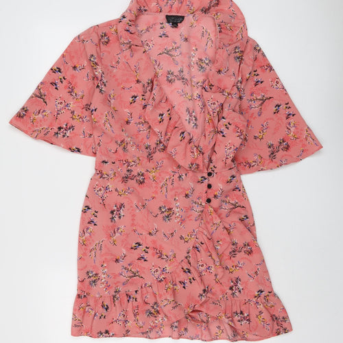 Topshop Womens Pink Floral Polyester Skater Dress Size 10 V-Neck Button